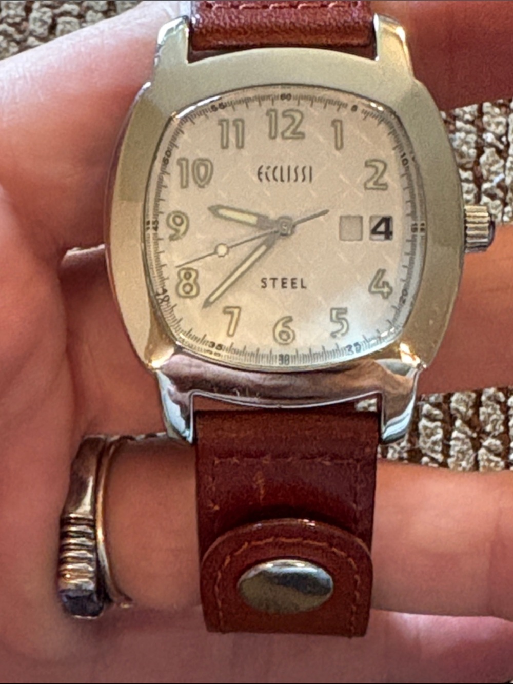 Ecclissi Steel Brown Leather Strap Watch-New with sticker on back